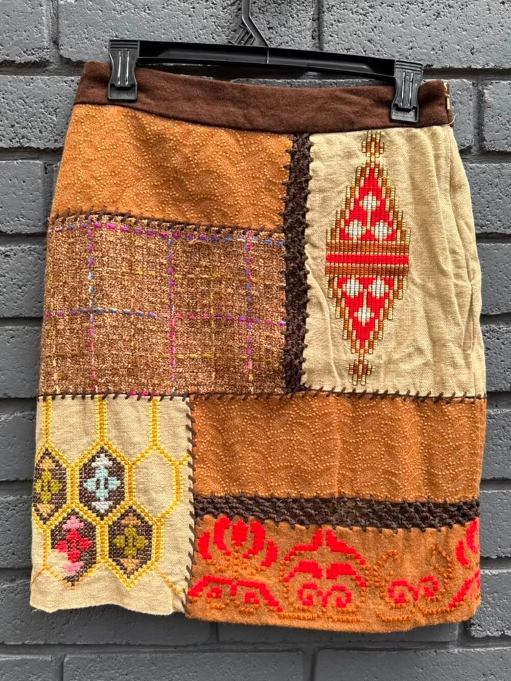 Anthropologie Tabitha Nazca Skirt Patchwork Embroidered Brown Tapestry $268 Boho